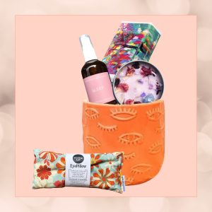 Bath & Body Retreat gift set in an eco-friendly plant pot, featuring hand-wrapped soap, a scented eye pillow, relaxing sleep spray, and a crystal candle, wrapped in sustainable materials."